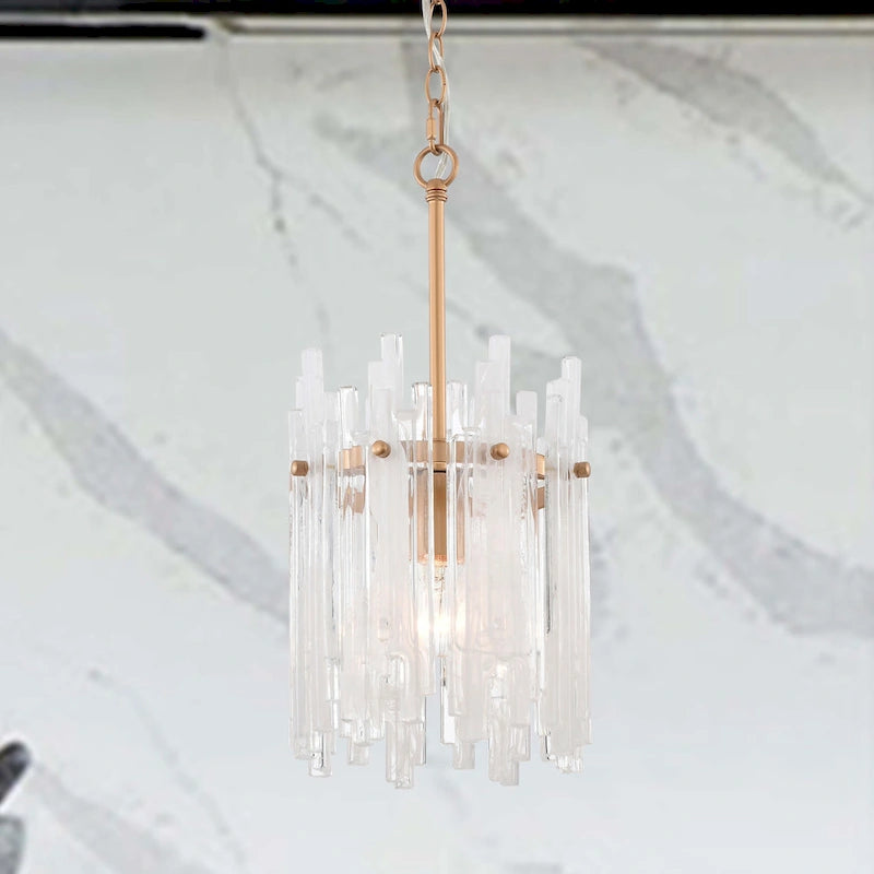 Casandra 1 Light Shiny Bronze Drum Pendant Chandelier with Clear Glass Bars - 8 inches in diameter x 17.9 inches H