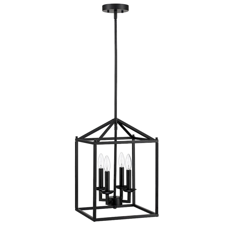4-light pendant with black finish and steel cage shade