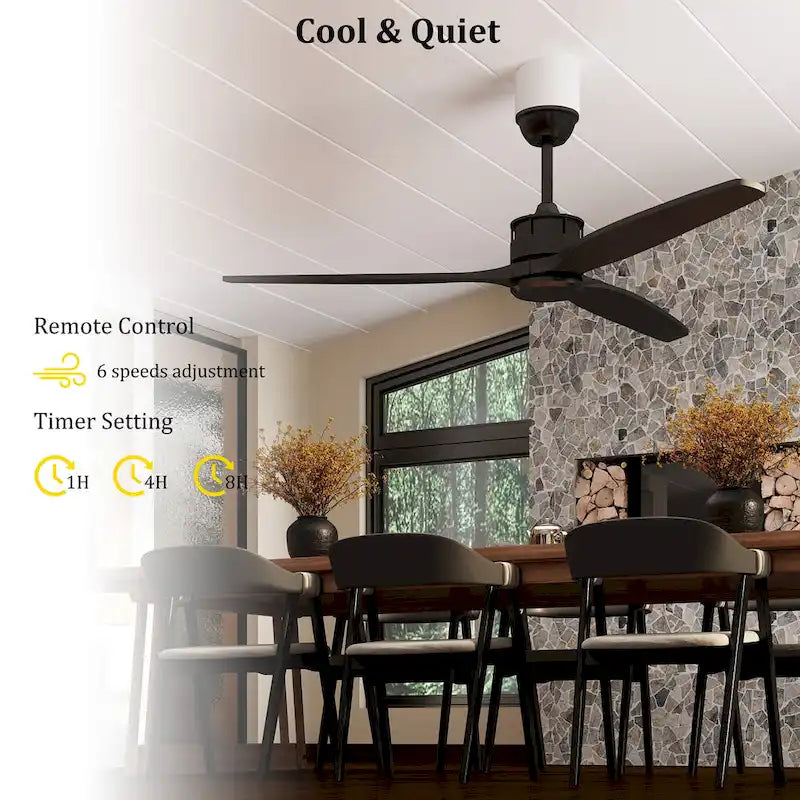 Ventilateur de plafond en bois avec éclairage, télécommande, moteur CC à 6 vitesses, 3 pales - 59