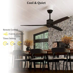 Ventilateur de plafond en bois avec éclairage, télécommande, moteur CC à 6 vitesses, 3 pales - 59