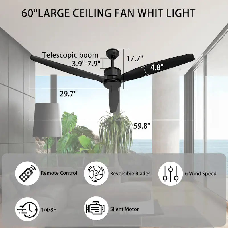 Ventilateur de plafond en bois avec éclairage, télécommande, moteur CC à 6 vitesses, 3 pales - 59