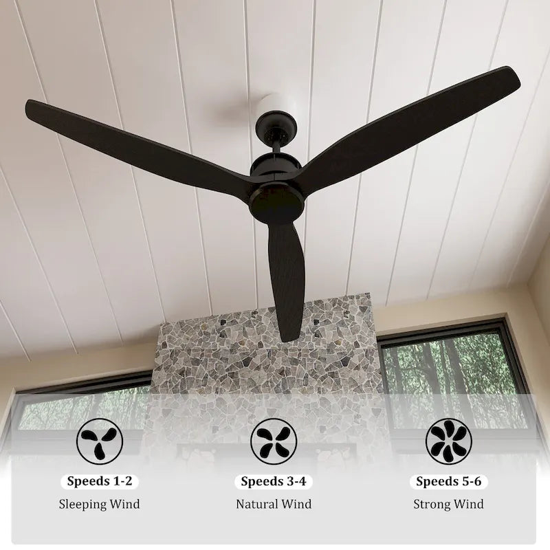 Ventilateur de plafond en bois avec éclairage, télécommande, moteur CC à 6 vitesses, 3 pales - 59