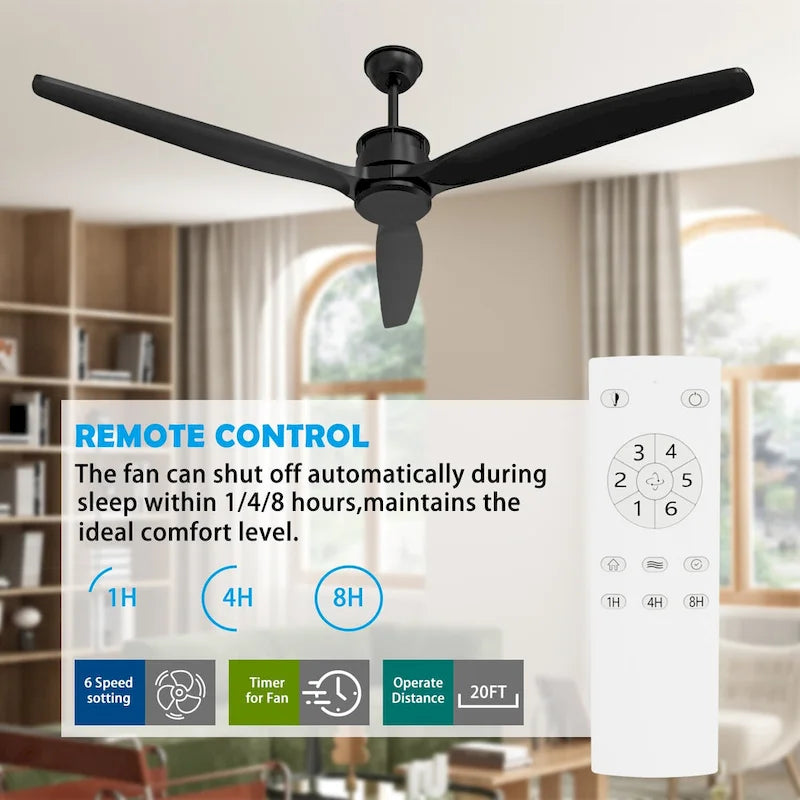 Ventilateur de plafond en bois avec éclairage, télécommande, moteur CC à 6 vitesses, 3 pales - 59