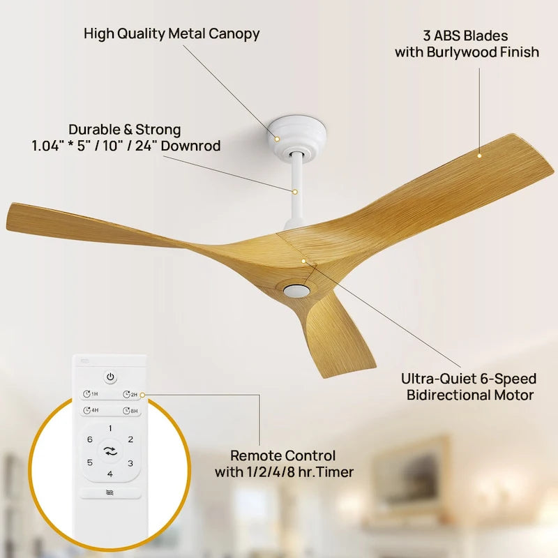 52 inch Modern Ceiling Fan without Lights, 3 Blades,Remote Control,Reversible Airflow - 52 inch