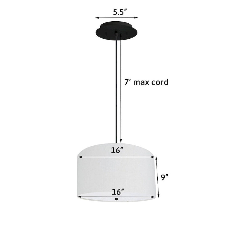16  W 2 Light Pendant White Linen Drum Shade with Diffuser, Black Cord