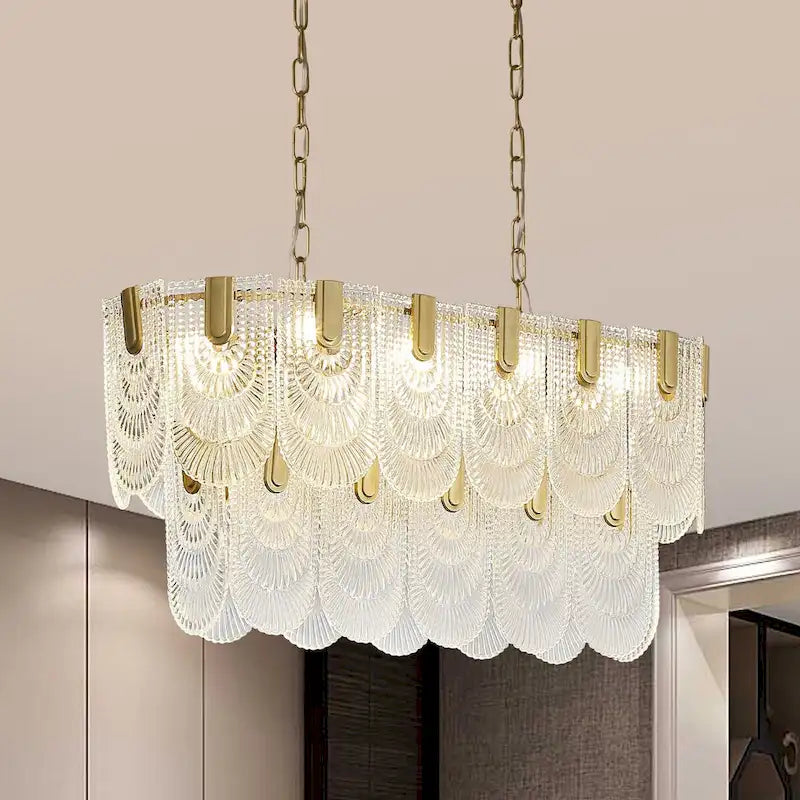 31.in. Gold Oval Crystal Chandelier, 8-Light Adjustable Hanging Pendant Light for Kitchen Island, Bulbs Included