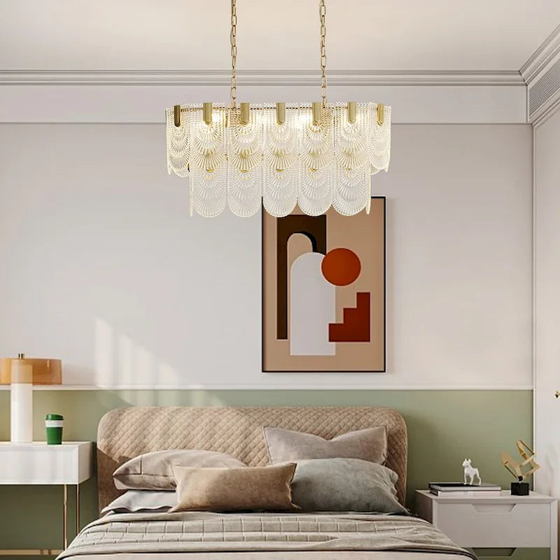 31.in. Gold Oval Crystal Chandelier, 8-Light Adjustable Hanging Pendant Light for Kitchen Island, Bulbs Included