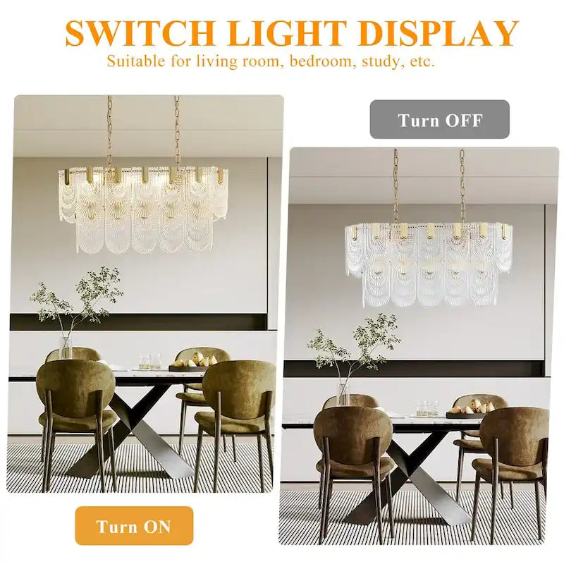 31.in. Gold Oval Crystal Chandelier, 8-Light Adjustable Hanging Pendant Light for Kitchen Island, Bulbs Included