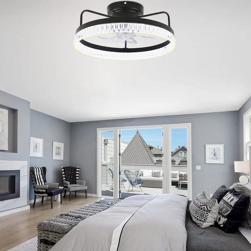 19.9  Crystal Flush Mount Ceiling Fan App Control Remote Control 6 Fan Speed 3 Light Tones with Dimming function for Bedroom