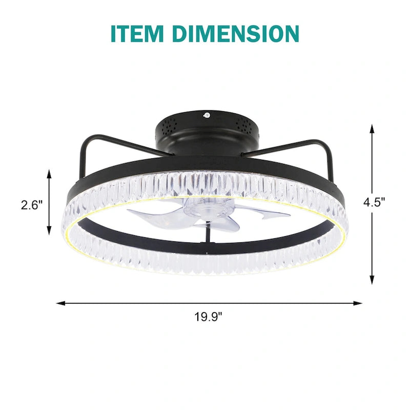 19.9  Crystal Flush Mount Ceiling Fan App Control Remote Control 6 Fan Speed 3 Light Tones with Dimming function for Bedroom