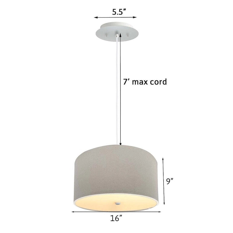 16  W 2 Light Pendant Light Oatmeal Linen Drum Shade with Diffuser, White Cord