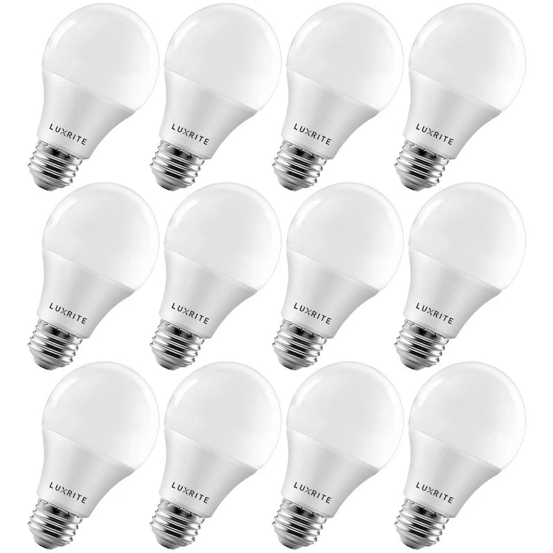 Luxrite A19 LED Light Bulb 60W Equivalent 3500K 800 Lumens Dimmable 9W Enclosed Fixture Rated E26 Base 12 Pack
