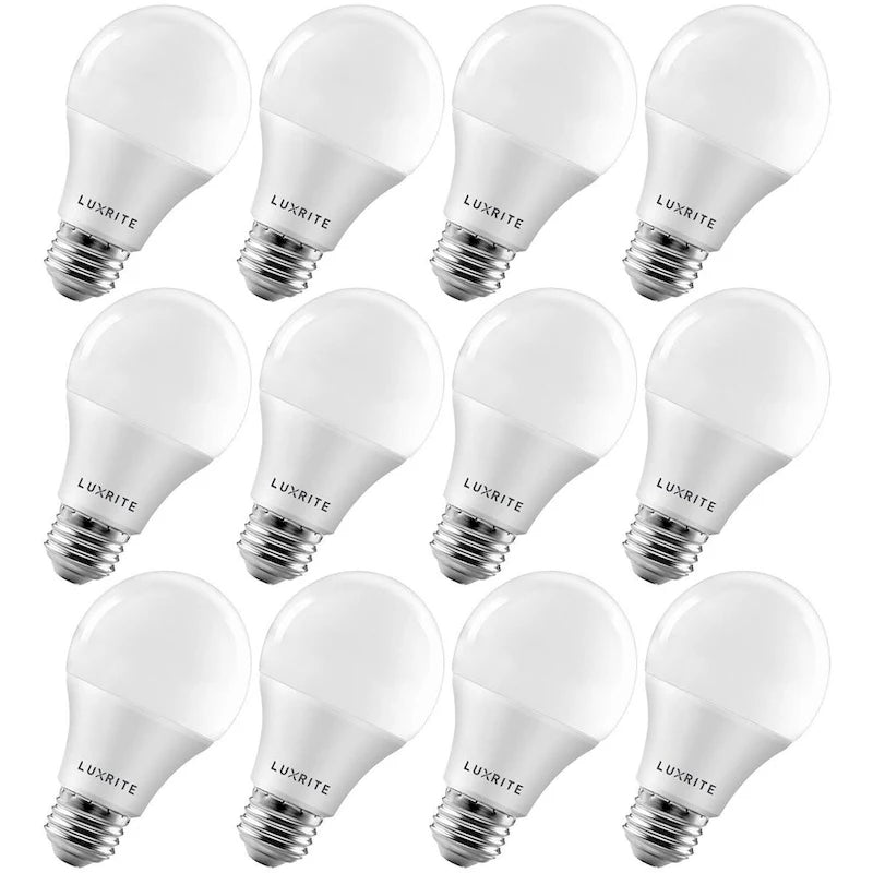 Luxrite A19 LED Light Bulb 60W Equivalent 3500K 800 Lumens Dimmable 9W Enclosed Fixture Rated E26 Base 12 Pack