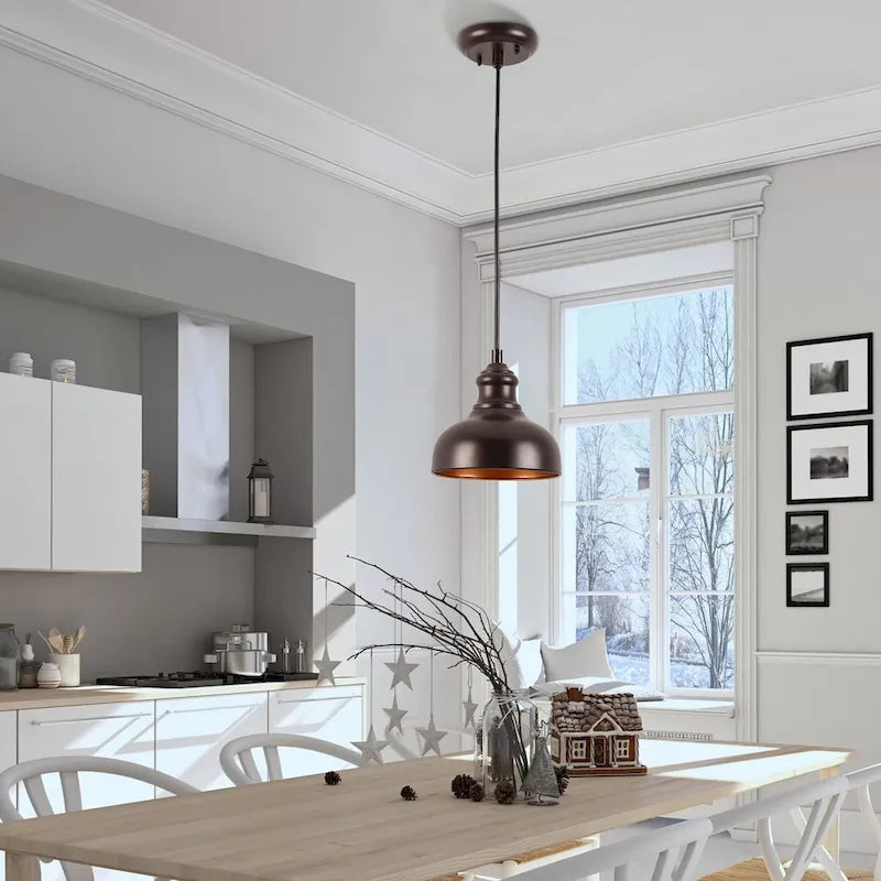 1-Light Black Hanging Pendant with Metal Dome Shaded