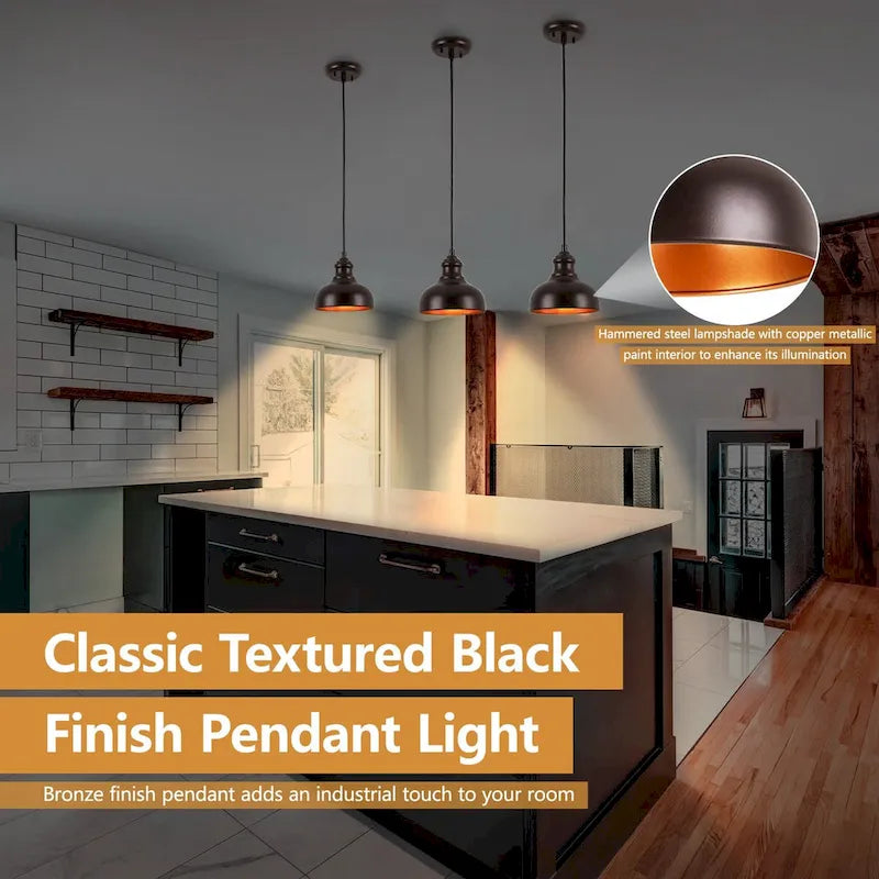 1-Light Black Hanging Pendant with Metal Dome Shaded