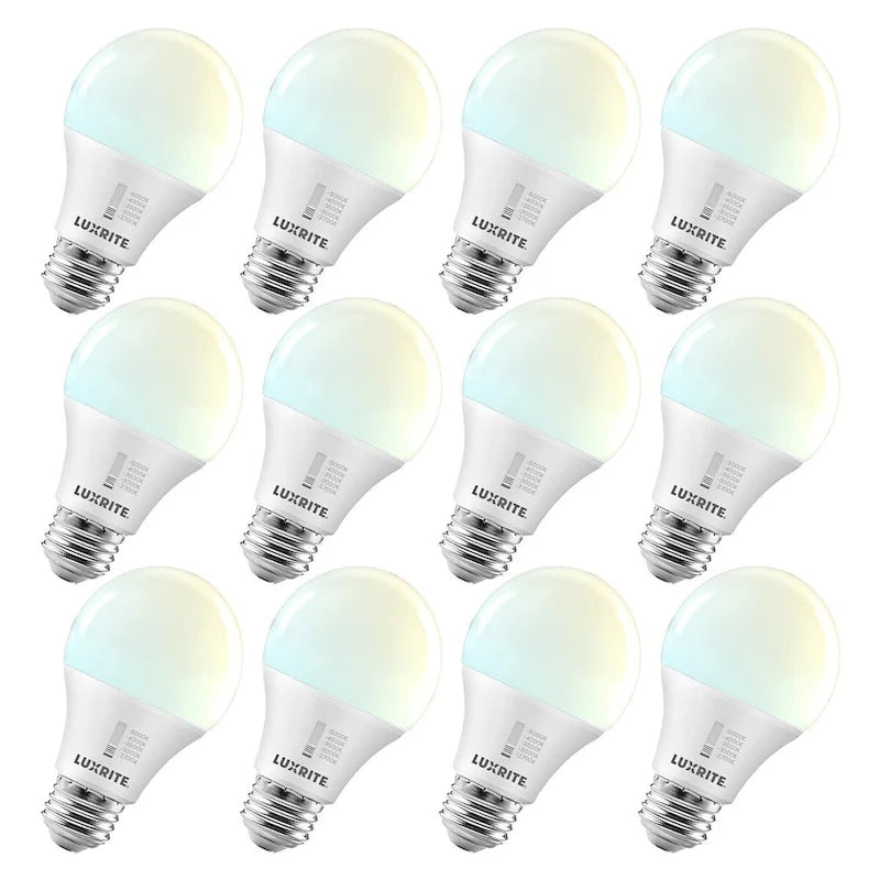 Luxrite A19 LED Light Bulb 60 Watt Equivalent CRI90 5CCT Dimmable 800LM 9W E26 Base ETL 12 Pack