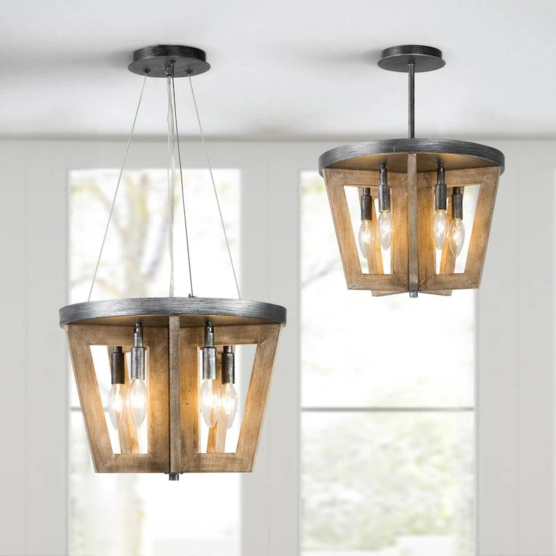 Farmhouse 5-light Wooden Chandelier Cage Semi-flush Mount Lights for Dining Room - D 14  x H 74