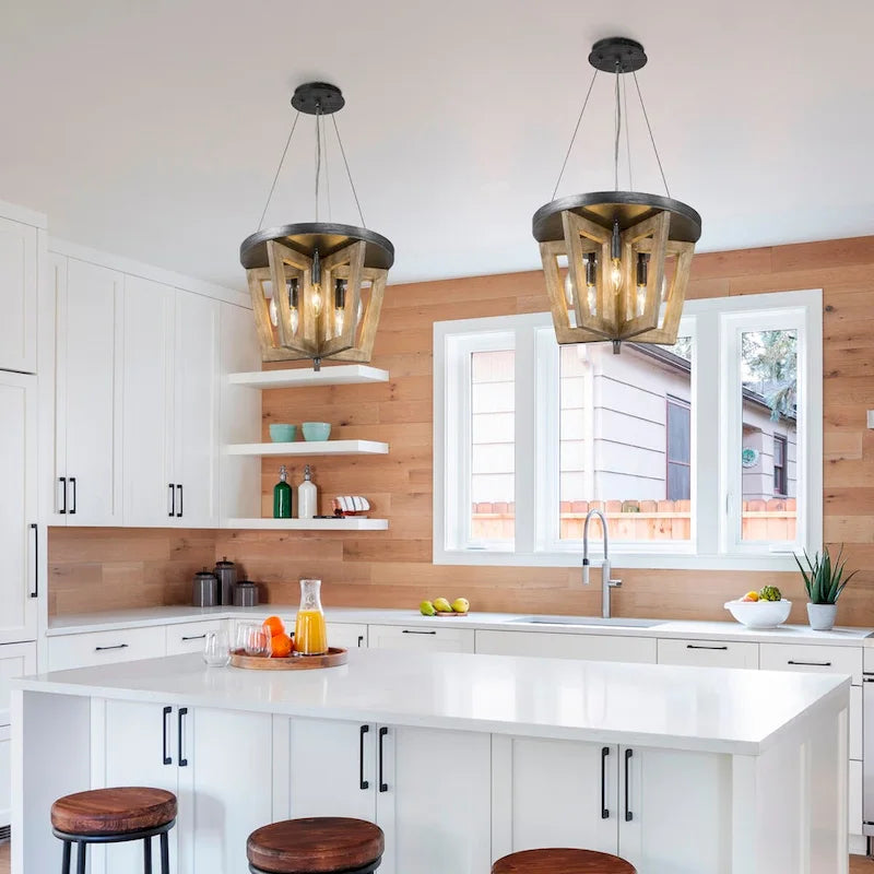 Farmhouse 5-light Wooden Chandelier Cage Semi-flush Mount Lights for Dining Room - D 14  x H 74