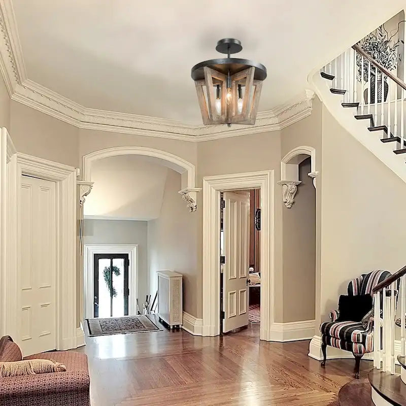 Farmhouse 5-light Wooden Chandelier Cage Semi-flush Mount Lights for Dining Room - D 14  x H 74