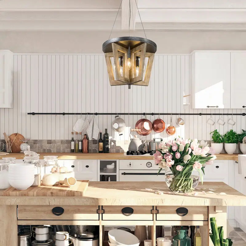 Farmhouse 5-light Wooden Chandelier Cage Semi-flush Mount Lights for Dining Room - D 14  x H 74