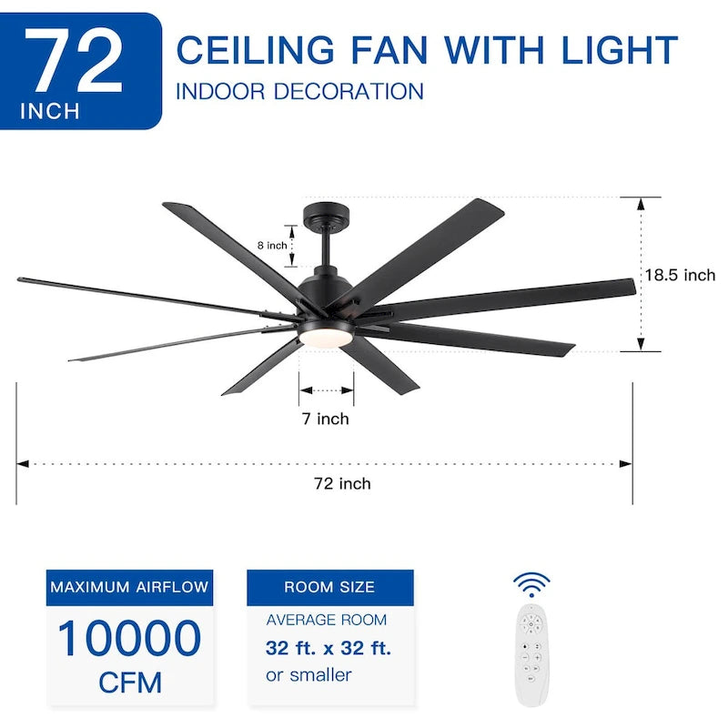 Ventilateur de plafond avec éclairage LED intégré de 72 pouces et pales en ABS noir