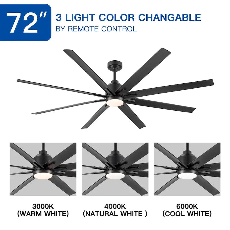Ventilateur de plafond avec éclairage LED intégré de 72 pouces et pales en ABS noir