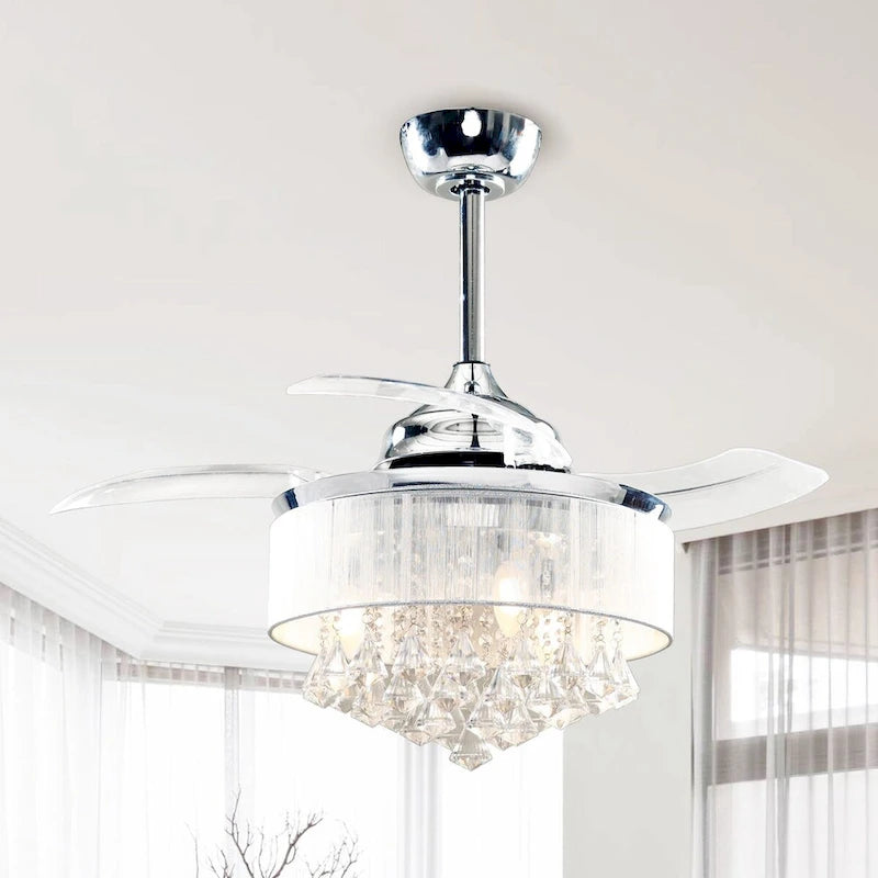 36-in Modern Chrome 3-Blades Crystal Retractable Chandelier Ceiling Fan with Remote and Light Kit - 36 Inches
