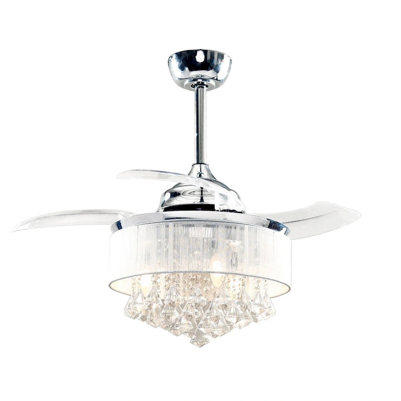 36-in Modern Chrome 3-Blades Crystal Retractable Chandelier Ceiling Fan with Remote and Light Kit - 36 Inches