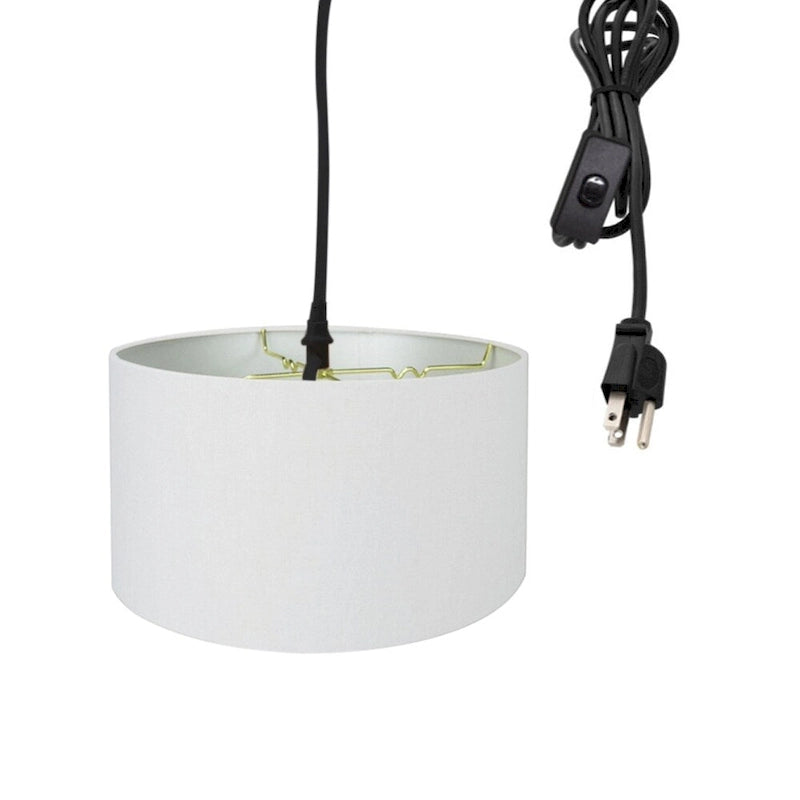 1 Light Swag Plug-In Pendant 18 w White Linen Shade, 17' Black Cord