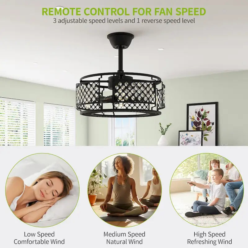 19  Caged Ceiling Fan with Lights Remote Control Indoor Downrod Fan Matte Black - 21.45 L x 21.45 W x 12.2 H