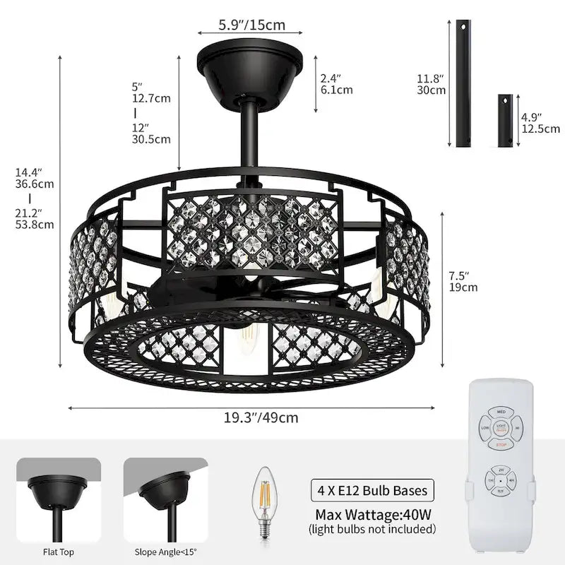 19  Caged Ceiling Fan with Lights Remote Control Indoor Downrod Fan Matte Black - 21.45 L x 21.45 W x 12.2 H