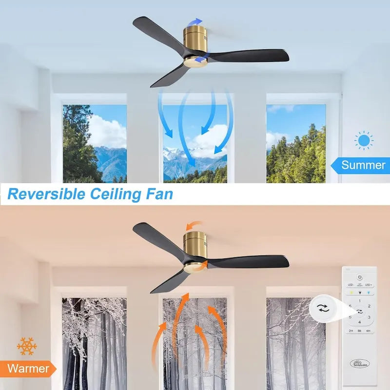 52  Flush Mount Ceiling Fan without Light,Reversible DC Motor,Wood Blades,Gold and Black - 52 Inch