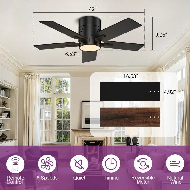 Ventilateur de plafond noir de 42 pouces avec Bluetooth et télécommande