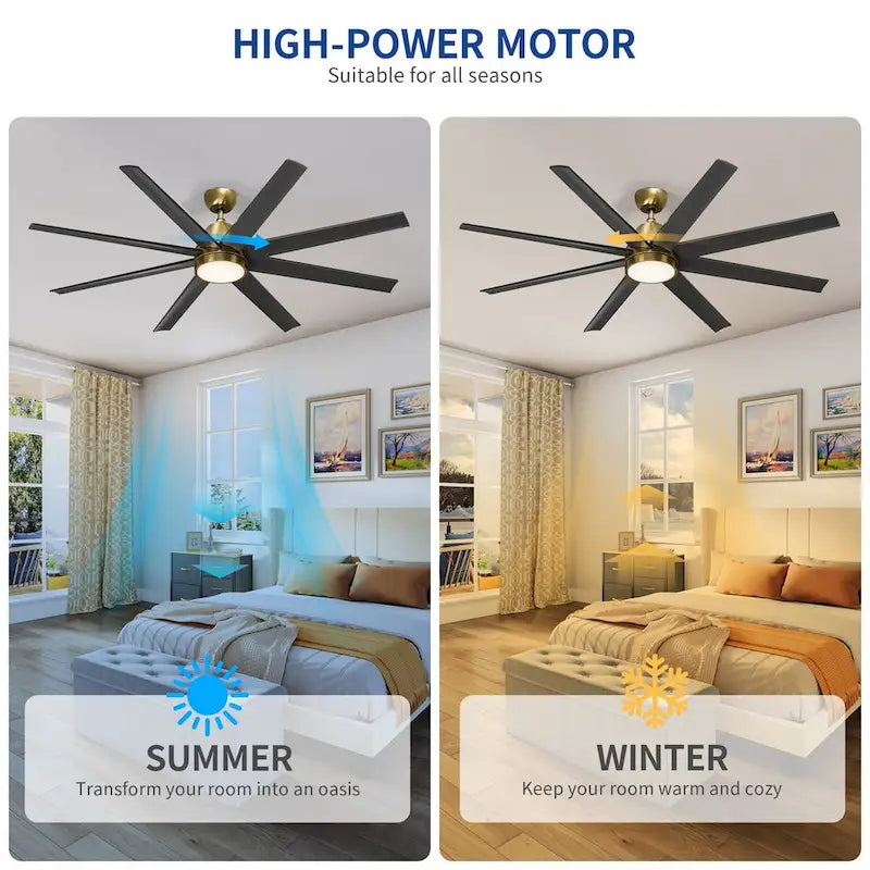 Moasis 8 Blade Ceiling Fan with Light and Remote 65 Inch Large Black and Gold Ceiling Fan - 65 W x 65 L x 39.5 H