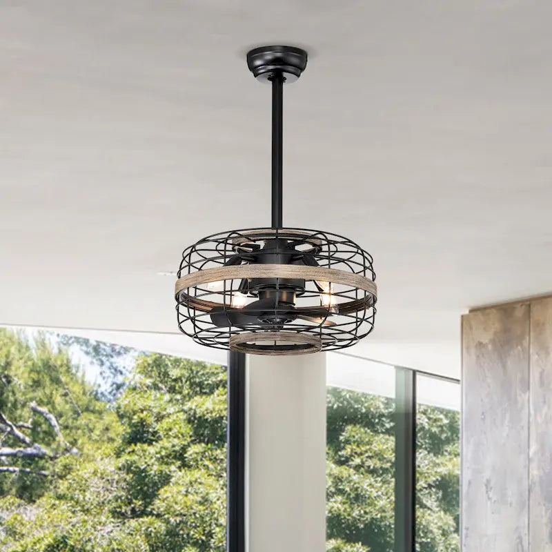 18  Farmhouse Caged Ceiling Fan with Remote Control  Rustic Wood Enclosed Fan, 3-Speed Reversible for Bedroom - 18  * 18  * 10 