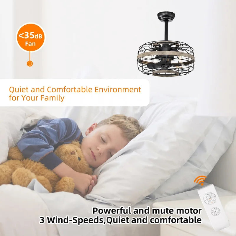 18  Farmhouse Caged Ceiling Fan with Remote Control  Rustic Wood Enclosed Fan, 3-Speed Reversible for Bedroom - 18  * 18  * 10