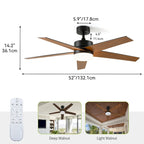 Ceiling Fan 52  with Lights and Remote, 5 Blade Ceiling Fan with Dimmable Light - 53 